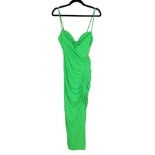 Zara Small S Bright Green Draped Midi Dress High Side Slit Sweetheart Neckline
