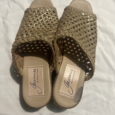 Gaimo Espadrilles Spanish Mules Size 37 Gold Leather Braided Upper Wedge Heel 