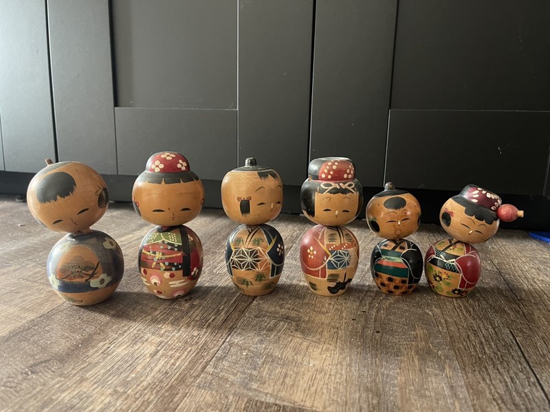 LOT  Vintage Kokeshi Dolls 6 Wooden Bobble Head dolls (3 pairs / couples) Japan
