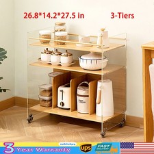 Acrylic&Bamboo End Table Side Table Modern 3-tier End Table with Four Wheels USA