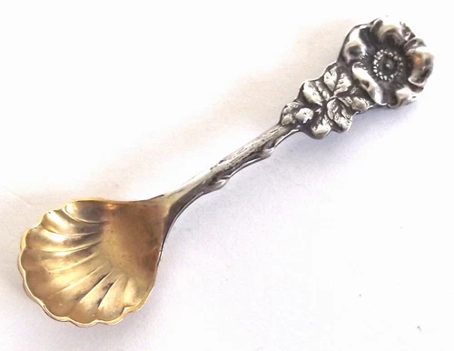 REED & BARTON Sterling Silver WILD ROSE 2 1/4" GILT GOLD SHELL SALT CELLAR SPOON