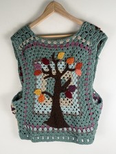 Unique Hand Knitted Granny Square Sleeveless Cardigan Vest with Tree Design