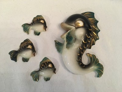 Vtg 50 s Lefton Anthropomorphic Fish Family Wall Hanging Kitschy Retro MCM Bath