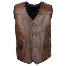 Men Real Leather Biker Riding Vest Antique Brown Quilted Waistcoat Handmade