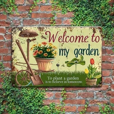 Vintage Welcome to My Garden Metal Tin Sign Rustic Floral Garden Decor Wall Art