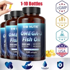 Omega 3 Fish Oil Capsules 3x Strength 3000mg EPA & DHA, Highest Potency 120Pills