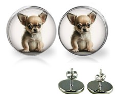 Chihuahua Puppy Dog Glass Top Girls Stud Earrings 3 Sizes Handmade Photo Jewelry