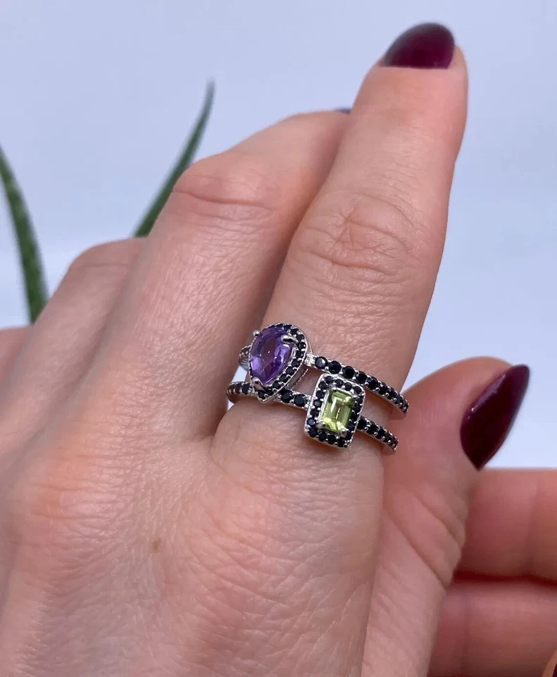 Anillo con Amatista, Peridoto y Espinela Negra Piedras Preciosas Naturales, Plata 925, 8 EE. UU. Foto 2 de 4