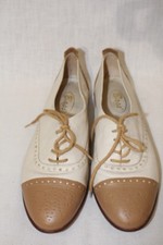 Vtg BASS FLEX White  Tan Leather "Aria" Saddle Shoes Womens, 7.5M Brazil-B122