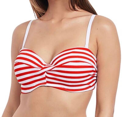 Freya Drift Away Bikini Oberteil 36F gepolstert trägerlos Bandeau Twist rot weiß 4049