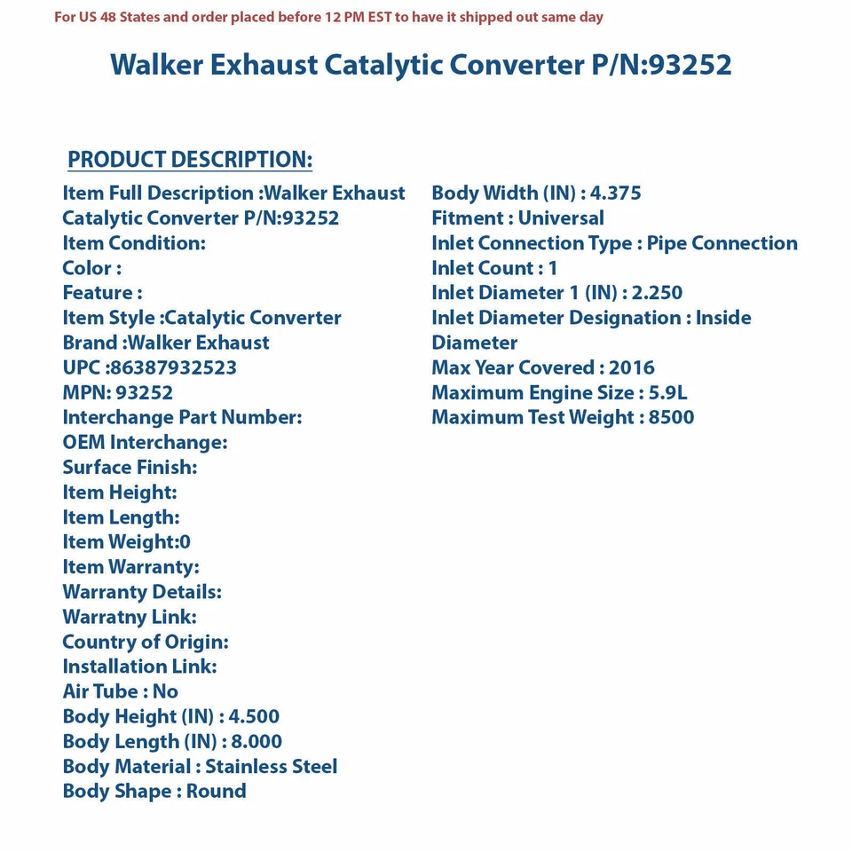 Walker Exhaust Catalytic Converter 93252 | High-Quality Auto Part, Universal Fit - Image 4 of 4