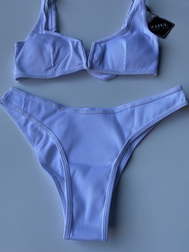 Zaful White Ribbed Padded Wired Bikini Size UK 12 / L Swimwear Set BNWT - Picture 4 of 11