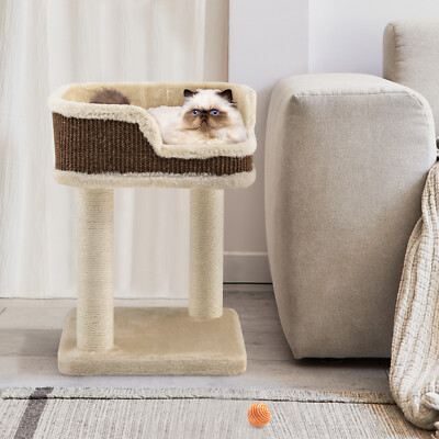Multifunctional Cat Tower w/Plush Perch & Cat Hammock & Scratching Posts Beige