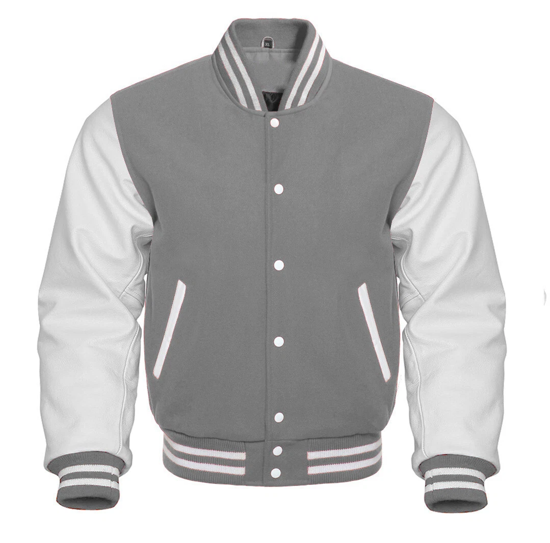 Mens Letterman Basketball Varsity Jacket Grey Wool white Leather Sleeves Jacket