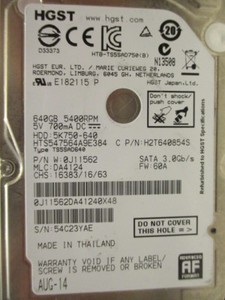 HGST 640 GB HTS547564A9E384 5K750-640 AUG-14 PN:0J11562 MLC:DA4124 +090