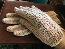 Vintage Hand Made in France lady gloves crochet pink wool metal thread design