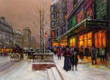 Oil painting porte denis winter snow figures in street scene art hand painted