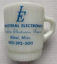1970s INDUSTRIAL ELECTRONICS COFFEE MUG, BILOXI, MS, FIRE KING MILK GLASS