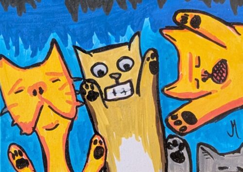 ACEO Cat Painting Original Collectible Kittens Play Folk Art By Josh Merritt