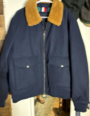 Tommy Hilfiger Men s Blue Bomber Jacket XL Full Zip Faux Fur Trim Lined Short