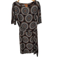 Tory Burch Silk Medallion Print Shift Dress Womens 8 Belted Black Brown Mod