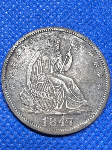 1847 US SEATED LIBERTY SILVER HALF DOLLAR IN XF-AU #32