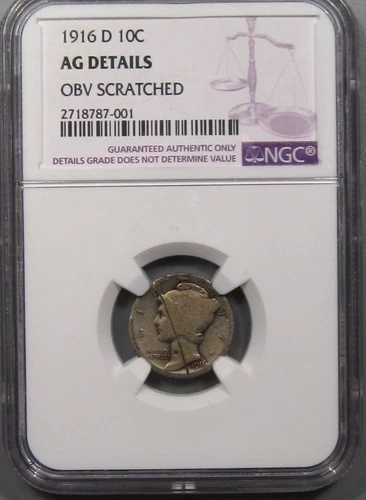 Key-date 1916-D Silver MERCURY Dime. NGC AG details (scratch).