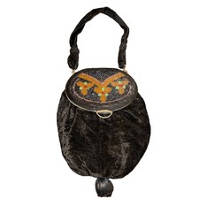 Antique 1920s Velvet Beaded Reticule Purse Micro Bead Floral Pouch Bag Flapper