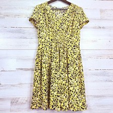 London Times Petites Yellow Black Floral Smocked Waist Midi Dress Womens 10P