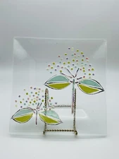 Vintage Hand Painted Mosaic Floral Square Dinner Plate Frosted Green Serve Ware