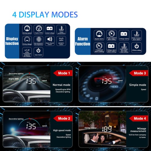 Car HUD Speedometer Head Up Display OBD2 Speed Voltage Temp Alarm RPM MPH/KMH PH - Picture 5 of 10
