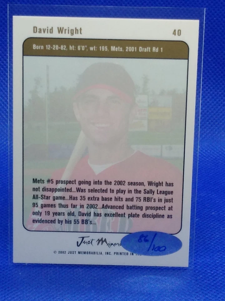 David Wright 2002 Just Minors Justifiable GOLD AUTO #40 ***86/100*** - Image 2 of 2