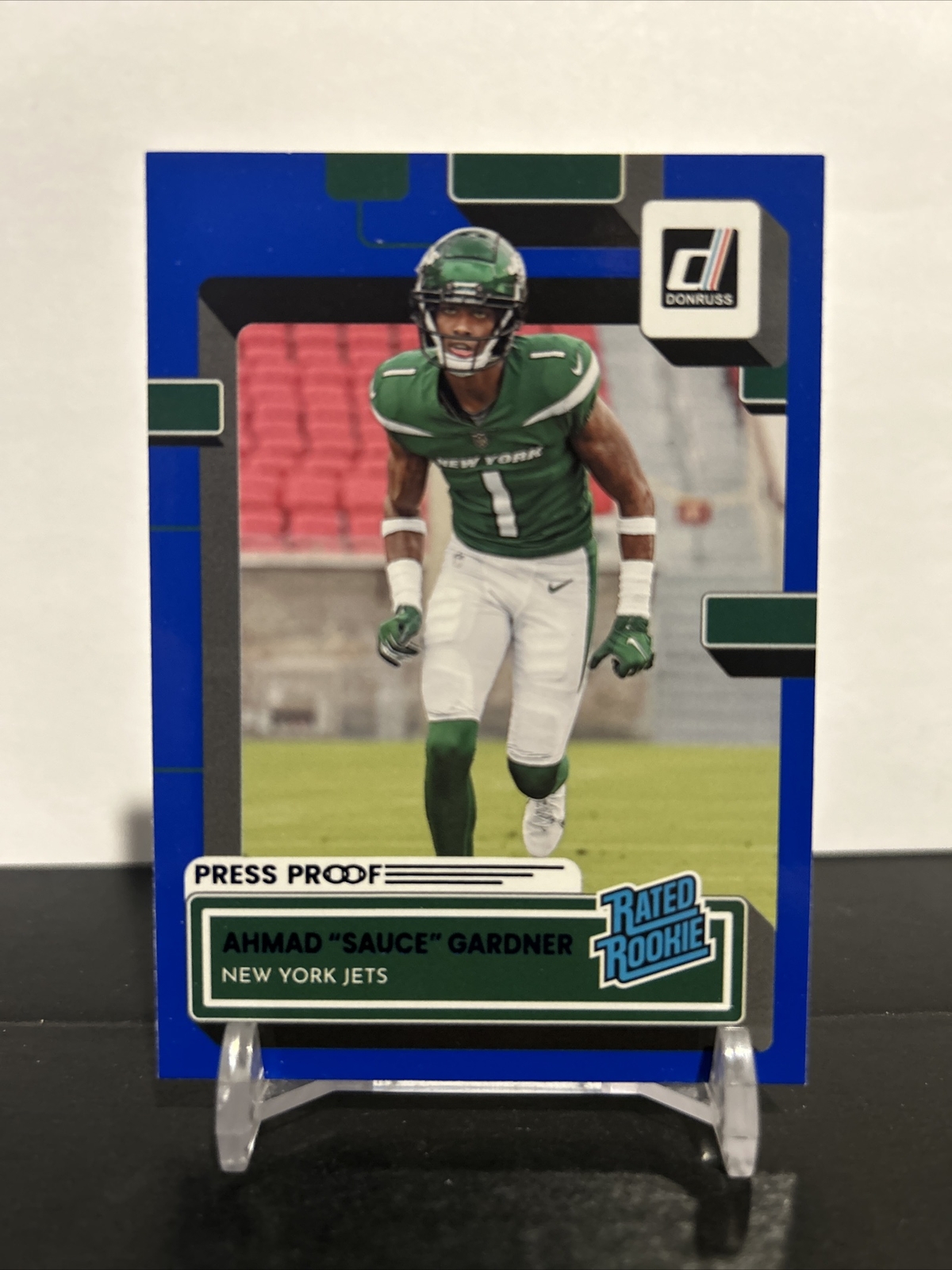 2022 Panini Donruss Rated Rookie Press Proof Blue Ahmad Sauce Gardner Jets #328