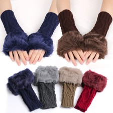 Autumn Winter Knitted Gloves For Women Arm Warmers Furry Mittens Half Finger -