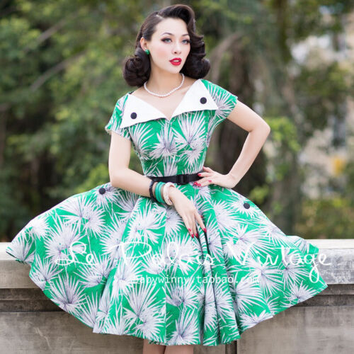 Le Palais Green Tropical Print Pointy Lapel Circle Swing Dress Size XS | eBay