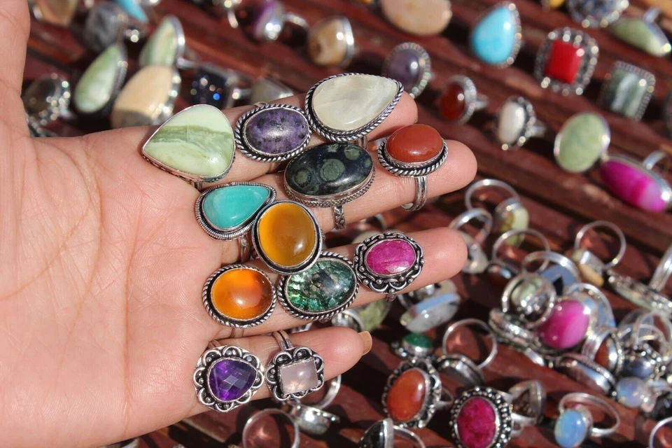 Оптоволоконное кольцо ручной работы с дендритовым опалом и смешанными драгоценными камнями покрытие серебро 925 пробы - Изображение 3 из 4