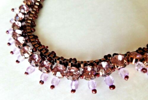 Copper Link Light Purple Bead Pink Prong Set Rhinestones Collar Necklace - Picture 1 of 5