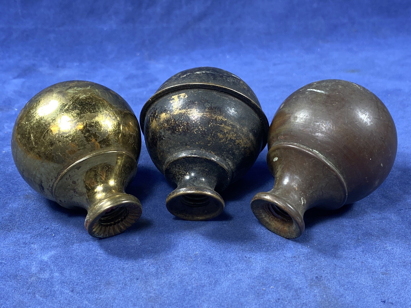 3 C.1900 Bed Post Finials, Brass & Bronze Balls, Salvaged Bed Parts