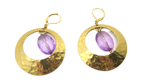 Joan Rivers Earrings Large Hammered Gold Tone Purple Pierced Lever Back Dangle - Picture 7 of 12