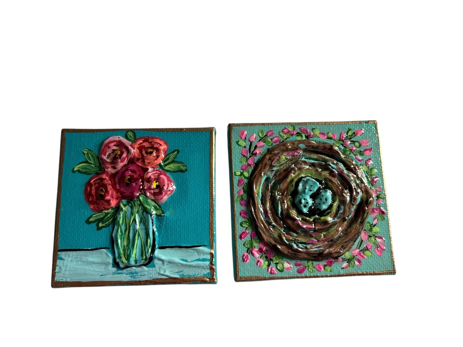 Miniature Original Art 3D Dimensional Paintings Nest Roses Flowers Canvas 3.25"