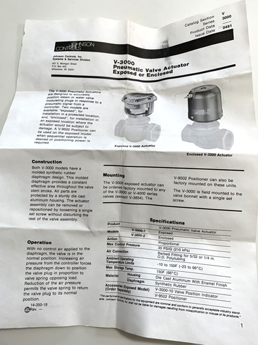 Johnson Controls Diaphragm Pneumatic Actuator Valve V-3000-1 - Picture 5 of 10