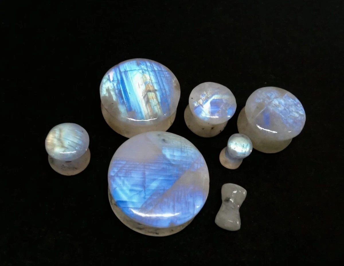 Pair Rainbow Moonstone Double Flare Plugs Earrings Gauges Tribal