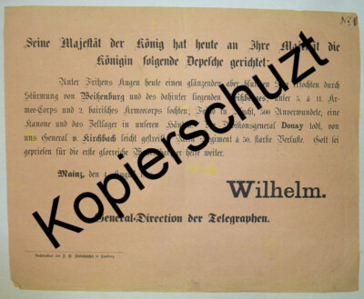 Kaiser Wilhelm I. Dispatch to Queen Augusta ''Storming of Weißenburg'' from 1870