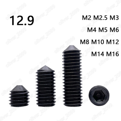 Black 12.9 Steel Hex Socket Set Screws - Cone Point Grub Screws DIN914, M2 To M16 (Example: M12x20mm)