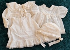 Vintage 4Pc Aged White Baby Christening Outfit   Lace, Smocking, Slip  Bonnet