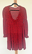 Mango Red Black Floral Smock Dress  UK S / 12 Ruffle V Neck Long Sleeve Tiered