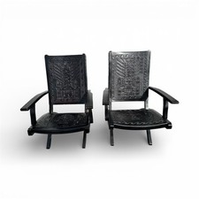 Pair of Rare Vintage Angel Pazmino Wood&Leather Folding Armchairs, Inca Pattern