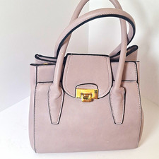 Beige Pebbled Satchel Top Handle Bag Gold Turn Lock Buckle Accent Solid