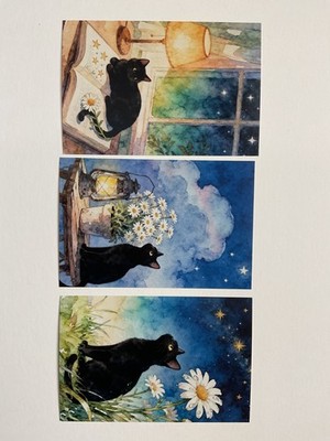 POSTCARD Black Cat Daisies Wildflower Meadow Rain Spring Folk (3)