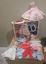 Vintage 50's Doll Wardrobe Trunk 10" Carrying Case  Lot Of Doll Clothes Red Dot
